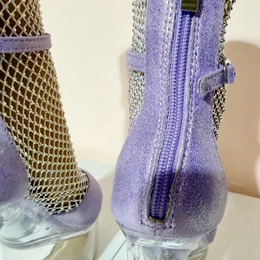 * Golden Bulls Lavender Mesh Rhinestones Clear 6” Heels